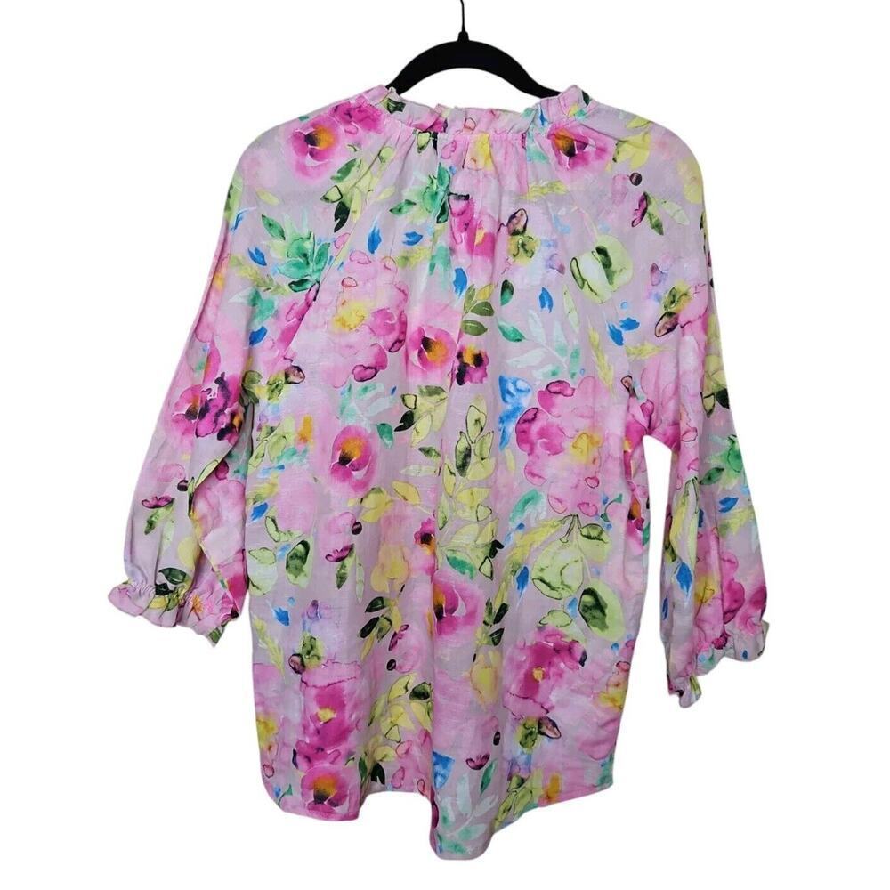 Hester & Orchard Linen Blend Pink Floral Top 3/4 Sleeve Button Up Womens Sz S - Picture 3 of 7